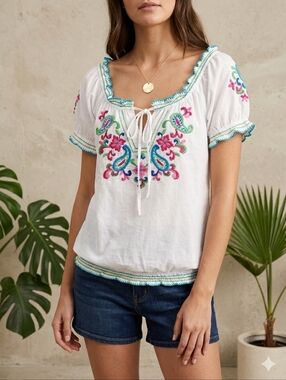 INC International Concepts White Embroidered Boho Peasant Top Large